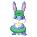 Cute rabbit, hare in a summer hat and swim ring, flippers. Beach, holiday, vacation concept. Symbol of 2023.