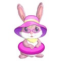 Cute rabbit, hare in a summer hat and swim ring, flippers. Beach, holiday, vacation concept. Symbol of 2023.