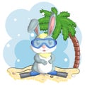 Cute rabbit, hare in a summer hat and swim ring, flippers. Beach, holiday, vacation concept. Symbol of 2023. Royalty Free Stock Photo