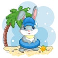 Cute rabbit, hare in a summer hat and swim ring, flippers. Beach, holiday, vacation concept. Symbol of 2023. Royalty Free Stock Photo