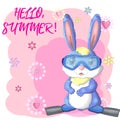 Cute rabbit, hare in a summer hat and swim ring, flippers. Beach, holiday, vacation concept. Symbol of 2023.