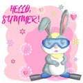 Cute rabbit, hare in a summer hat and swim ring, flippers. Beach, holiday, vacation concept. Symbol of 2023. Royalty Free Stock Photo