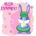 Cute rabbit, hare in a summer hat and swim ring, flippers. Beach, holiday, vacation concept. Symbol of 2023.