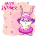 Cute rabbit, hare in a summer hat and swim ring, flippers. Beach, holiday, vacation concept. Symbol of 2023.