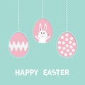 Cute rabbit hare with tie bow. Three painting egg shell. Happy Easter text. Hanging painted egg set. Dash line. Greeting card.