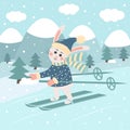 Cute rabbit in hat and scarf is skiing. Winter landscape. Greeting card