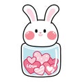 Cute rabbit head bottle have heart candy inside on white backgorund