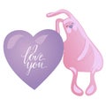 Cute rabbit and heart solated on white background. I love you lettering and heart. Vector illustration