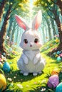 A cute rabbit and hidden easter eggs, at a whimsical forest, sunny day, flowers, cartoon, bunny