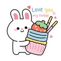 Cute Rabbit hold strawberry cup cake cartoon with love you Royalty Free Stock Photo