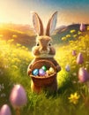 Cute rabbit holding a basket with colorful Easter eggs walking a footpath through the spring meadow with blooming flowers Royalty Free Stock Photo