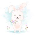 Cute rabbit holding bouquet hand drawn cartoon illustration Royalty Free Stock Photo