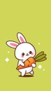 Cute rabbit holding carrot happy easter bunny sticker spring holiday concept vertical greeting card