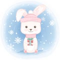 Cute rabbit holding gift box and snowflake cartoon hand drawn illustration Royalty Free Stock Photo