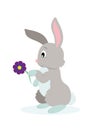 Cute rabbit holds a flower in his hand. Vector illustration of cartoon bunny