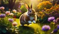 Cute rabbit hopping on grass in blooming garden. Wild animal Royalty Free Stock Photo