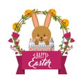 Cute rabbit inside broken egg frame floral decoration happy easter Royalty Free Stock Photo