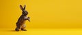 Cute Rabbit isolated on yellow background, Banner with copy space. Generative AI