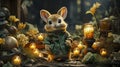 Cute Rabbit In Jacket Standing By Candles And Flowers In Enchanted Forest Setting Royalty Free Stock Photo