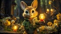 Cute Rabbit In Jacket Standing By Candles And Flowers In Enchanted Forest Setting Royalty Free Stock Photo