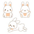 Cute rabbit. Kawaii Bunny. White hare sitting and jumping. Cartoon animal character for kids, toddlers and babies fashion