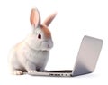 Cute rabbit with laptop computer on white background, internet technology concept, realistic 3D illustration, generative ai