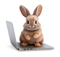 Cute rabbit with laptop computer on white background, internet technology concept, realistic 3D illustration, generative ai