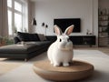 cute rabbit in the living room, big sofa, big TV and big audio speakers illustration Royalty Free Stock Photo