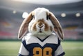 Cute rabbit look at camera wearing a football uniform