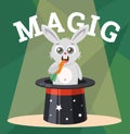 Cute rabbit in a magic hat gnaws carrots. Royalty Free Stock Photo