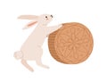 Cute rabbit with moon cake for mid-autumn festival in Japan. Bunny with hold traditional festive mooncake for Chinese