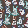 Cute rabbit multiple expression cartoon, happy funny bunny fun seamless pattern gray background