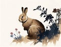 The cute rabbit, one of 12 chinese zodiac animal, painted in the way of chinese style.