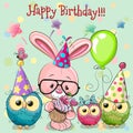 Cute Rabbit and owls with balloon and bonnets