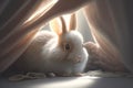 Cute rabbit peeks out from under the blanket, generated by AI
