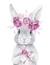 Cute Rabbit. Pencil Draw. Floral Crown. Pink watercolor flower. Woodland animals. Nursery DÃÂ©cor