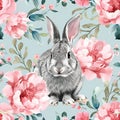 Cute rabbit with pink peonies on blue background.