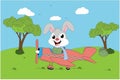 Cute rabbit in the plane simple vector illustration