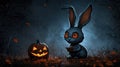 Cute rabbit with pumpkin in a spooky Halloween setting dark night background Royalty Free Stock Photo