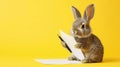 Cute Rabbit Reviewing Documents with Pen on Yellow Background