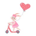 Cute rabbit rides a scooter. Bunny girl in a dress with heart balloon. Cartoon forest character