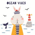 Cute rabbit sailor, lighthouse, sea waves, text