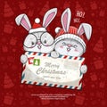 Cute Rabbit Santa Claus With Christmas Postcard