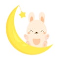 Cute rabbit sitting on the moon. Kawaii Bunny, hare. Cartoon animal character for kids, toddlers and babies fashion