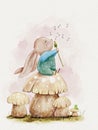 Cute Rabbit sitting on mushroom blowing dandelion flower water colour hand paint,illustration Cartoon hand drawn bunny character