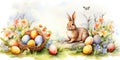 A cute rabbit sitting next to a basket of colorful eggs. Perfect for Easter decorations Royalty Free Stock Photo