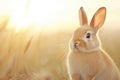 A cute rabbit sitting in a sunlit field, surrounded by soft grass, showcasing its fluffy fur and inquisitive expression Royalty Free Stock Photo