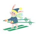 Cute rabbit skiing. Bunny boy in a warm winter clothes. Cartoon forest character