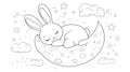 Cute Sleeping Bunny Rabbit on Moon Coloring Page, Stars and Clouds Royalty Free Stock Photo
