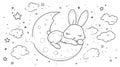 Cute Sleeping Bunny on Moon with Stars and Clouds - Coloring Page Royalty Free Stock Photo